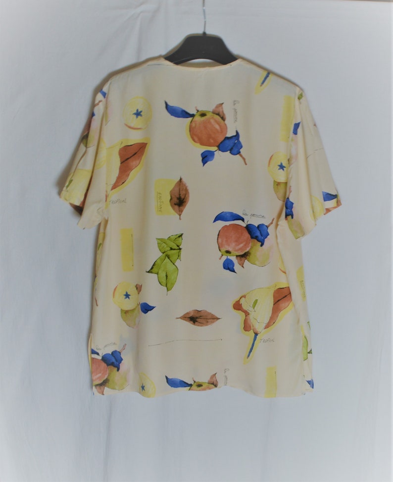 Vintage Women Blouse Shirt Size L Beige Green Blue Plants Leaves Apples Print Short Sleeve Shirt Button Pastel Colors Summer Viscose Top