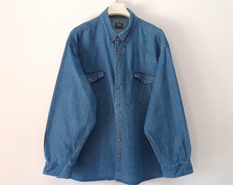 Vintage Herren Blau Jeanshemd Größe XL Blau Denim Langarm Hemd Geknöpft Baumwollhemd Jeanshemd Mid Blue Zwei Brusttaschen Western
