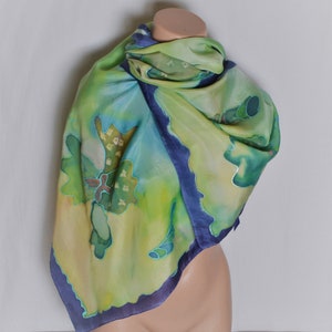 Vintage Silk Scarf Arty&#39;s Floral Print Hand Painted Silk Scarf Women Long Multicolored Green Blue Yellow Floral Handmade in China Scarf