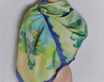 Vintage Silk Scarf Arty's Floral Print Hand Painted Silk Scarf Women Long Multicolored Green Blue Yellow Floral Handmade in China Scarf