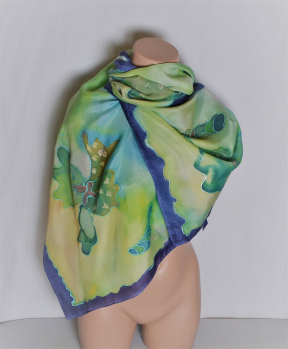 Foulard Carré Peint à La Main 84x84 Cm - Dernières Feuilles - Multicolore - Vintage - Fabriqué En France