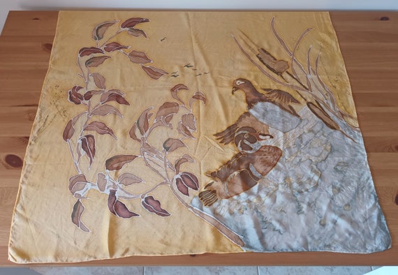Vintage Silk Scarf with Birds Mandarin Ducks Scar… - image 1