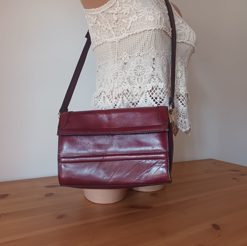 Vintage Women Burgundy Leather Flap Bag Burgundy Leather Shoulder Bag Maroon Messenger Bag Burgungy Leather Crossbody Bag Wine Flap Bag image 1