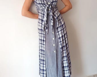 Vintage Damen Blau Weiß Kariertes Maxi Kleid Größe M/40 Marine Blau Maxi Viskose Kleid Geknöpft Front Krawatten Top Ärmellos Langes Western Kleid