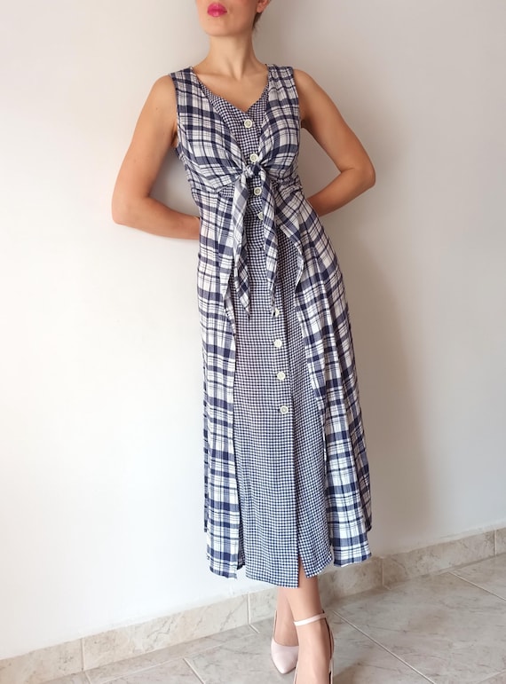 fitted lace wedding dress Lakeview Plaid Sherril Long Sleeve Maxi Dress Navy-Red / S by Sugarlips main image 0