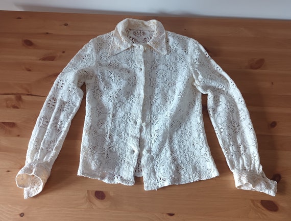 Vintage Women Cotton Lace See Through Shirt Size XXS Ecru