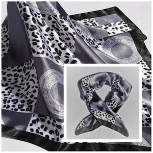 Vintage Black White Gray Satin Scarf Gray Chain Ring Print Animal Print Scarf Women Scarf Headwrap Geometric Satin Neck Scarf Leopard Print