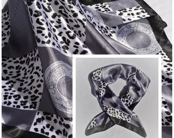 Vintage Black White Gray Satin Scarf Gray Chain Ring Print Animal Print Scarf Women Scarf Headwrap Geometric Satin Neck Scarf Leopard Print