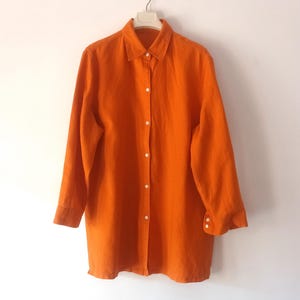 Vintage Womens Orange Linen Shirt Size XL/XXL Orange Solid Long Sleeve 100% Linen Shirt Buttoned Linen Blouse Collared Linen Long Layer Top