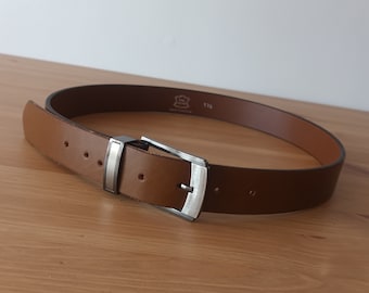 Vintage Men's Brown Genuine Leather Belt Casual Minimalist Brown Solid Print Belt Silver Square Buckle Leather Tan Belt Made in Greece Belt
