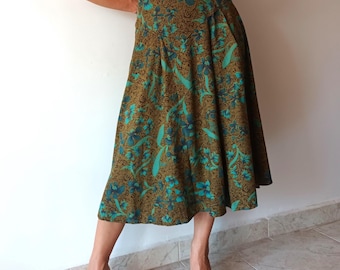 Vintage Womens Khak Green Floral Midi Skirt Size S/48 Viscose Midi Brown Turquoise Skirt Floral High Waist Summer Skirt Made in Italy Skirt