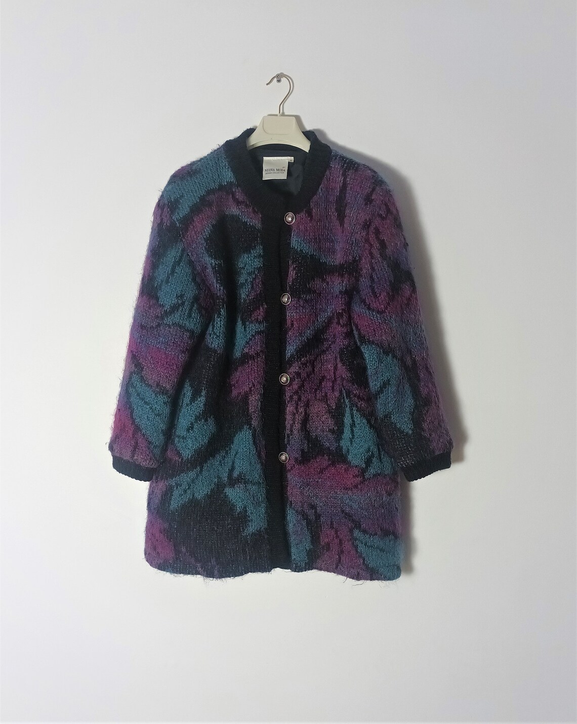 Vintage Women Mohair Wool Cardigan Size M Purple Green Black Fluffy Knit Mohair Wool Jacket Blazer Buttons Winter Mohair Sweater Pullover, foto 3 di 5