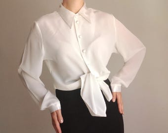 Vintage Women off White Satin Blouse Size M Ecru Satin Shirt Long