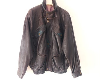 Vintage Herren Lederjacke Braun Größe L Echtleder Dunkelbraune Bomber Motorradjacke Oversized Retro Biker Bomber Viele Taschen
