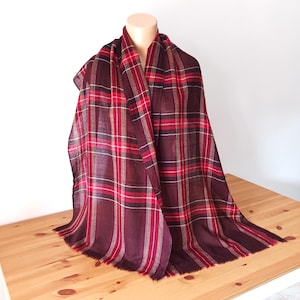 Bufanda larga vintage de lana a cuadros burdeos y rojo para mujer y hombre, bufanda de lana escocesa, bufanda clásica de lana burdeos y rojo, bufanda larga y cálida de lana para invierno.