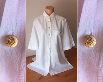 Camisa vintage de algodón blanca para mujer, talla XL, camisa de manga corta en jacquard blanco, botones en tono dorado, blusa de jacquard blanca, cuello, estilo retro llamativo
