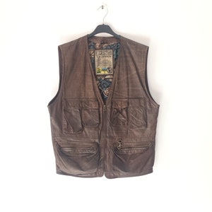 Trapper Vintage Men&#39;s Brown Leather Vest Size M/50 Brown Many Pockets Zip Leather Sleeveless Jacket Waistcoat Biker Western Cowboy Gilet