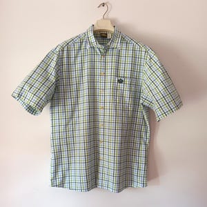 Vintage Mens Dirndl Green Blue White Shirt Size L Plaid Cotton Trachten Shirt Tyrol Loden Oktoberfest Bavarian Buttoned Short Sleeve Shirt