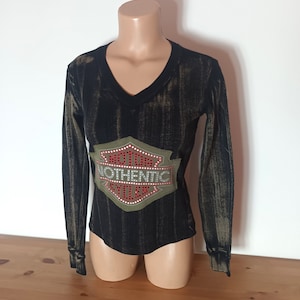Vintage Women Black Top Size S Y2K Style Top Sparkling Rhinestones Black Beige V Neck Long Sleeve Cotton Top Motor Grunge Style Stretchy Top