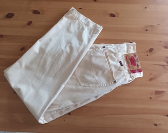 Vintage Men's Light Beige Denim Pants Size 32 Ecru Straight Tapered Leg Pants High Rise Cotton Denim Jeans Solid Ivory Trousers France