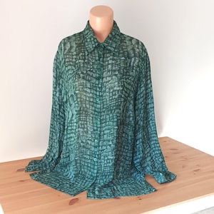 Vintage Women Green Semi Sheer Blouse Size L Green See Thru Blouse Long Sleeve Buttons Sheer Collared Green Geometric Abstract Print Shirt