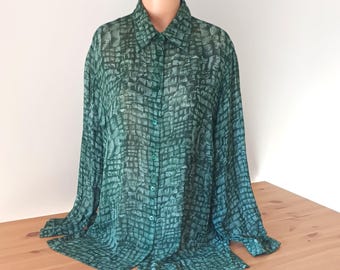 Vintage dames groene semi-transparante blouse maat L groene doorzichtige blouse met lange mouwen knopen doorschijnend groen shirt met geometrische abstracte print