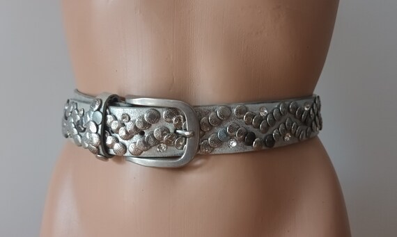 Vintage Women Gray Silver Leather Belt Tooled Ful… - image 9