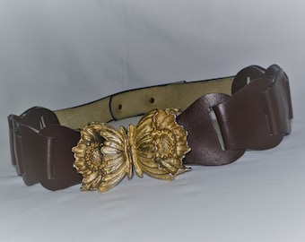 Cinturón vintage de cuero marrón para mujer, cinturón con hebilla de mariposa y flores en tono dorado, cinturón de cuero genuino marrón, cinturón llamativo con hebilla dorada y flores