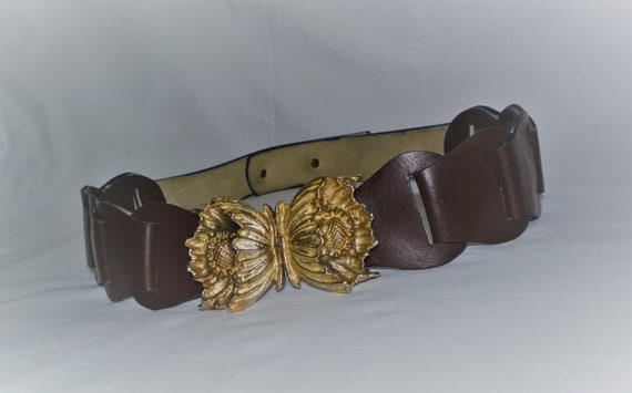 Vintage Women Brown Leather Belt Gold Tone Flower Butterfly  display picture 3