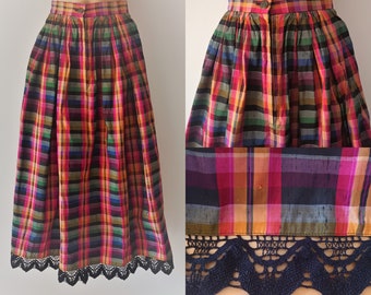 Vintage Women Silk Plaid Dirndl Maxi Skirt Size XS/S Multicolored Silk Skirt Peasant Style Folk Trachten Long Skirt Oktoberfest Crochet Hem