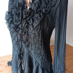 Puede incluir: Blusa negra con cuello con volantes y mangas largas. La blusa presenta un escote en V y bordados decorativos en el corpi&ntilde;o y las mangas. La tela tiene una textura plisada y la parte inferior tiene un volante en capas.