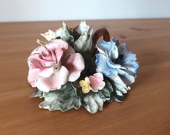 Rare Vintage CAPODIMONTE Candle Holder Pink Blue Yellow Hand Painted Porcelain Flowers Made in Italy Ceramic Flower Candleholder Centerpiece