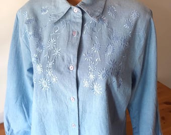 ヴィンテージ刺繍コットンシャツ：アイシーブルーボタンダウン、サイズ 