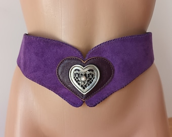 Vintage Ceinture Dirndl en daim violet pour femme, large et réglable, ceinture folklorique argentée, boucle en forme de coeur, ceinture en cuir artisanale artisanale