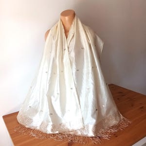 Vintage Large Long Cream Gold Silk Scarf Ecru Gold Paisley Print Long Silk Scarf Raw Silk Boho Wrap Cover Up Off-White Silk Scarf Fringes
