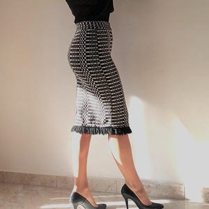 Vintage Tweed Pencil Skirt: Black White Boucle Plaid, Fringed Hem, Made in Italy, XS