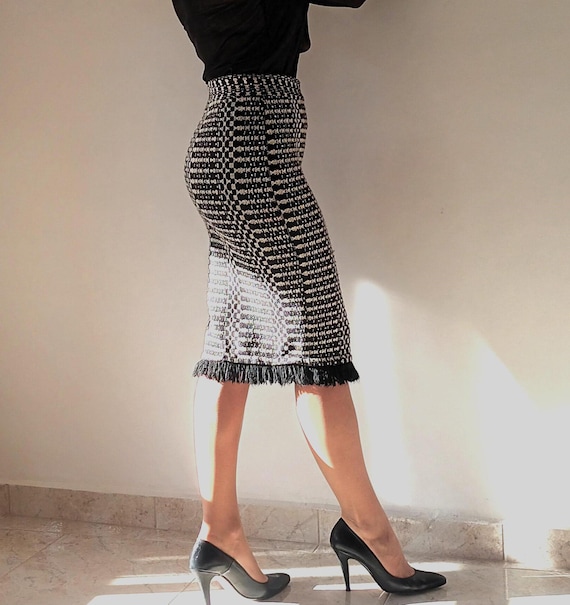 Orlo Gonna Nera Al Ginocchio Gonna A Tubino In Tweed Bianco E Nero