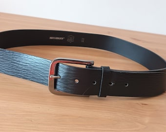 Vintage Men's Black Leather Belt Solid Brass Buckle Genuine Leather Black Casual Minimalist Leather Square Silver Tone Buckle Made in Italy