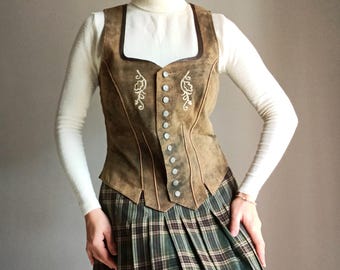 Vintage Dirndl Corset Leather Vest Size M/38 Brown Suede Sleeveless Top Corset Buttoned Vest Peasant Trachten Bavarian Leather Suede Vest