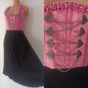Vintage Dirndl Midi Dress Size M/38 Pink Black Satin Jacquard Sleeveless Corset Maxi Dress Austrian Folk Trachten Bavaria Oktoberfest Dress