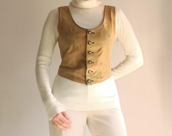 Vintage Dirndl Corset Leather Vest Size M/40 Camel Brown Suede Sleeveless Top Corset Buttoned Peasant Trachten Bavarian Sand Suede Vest