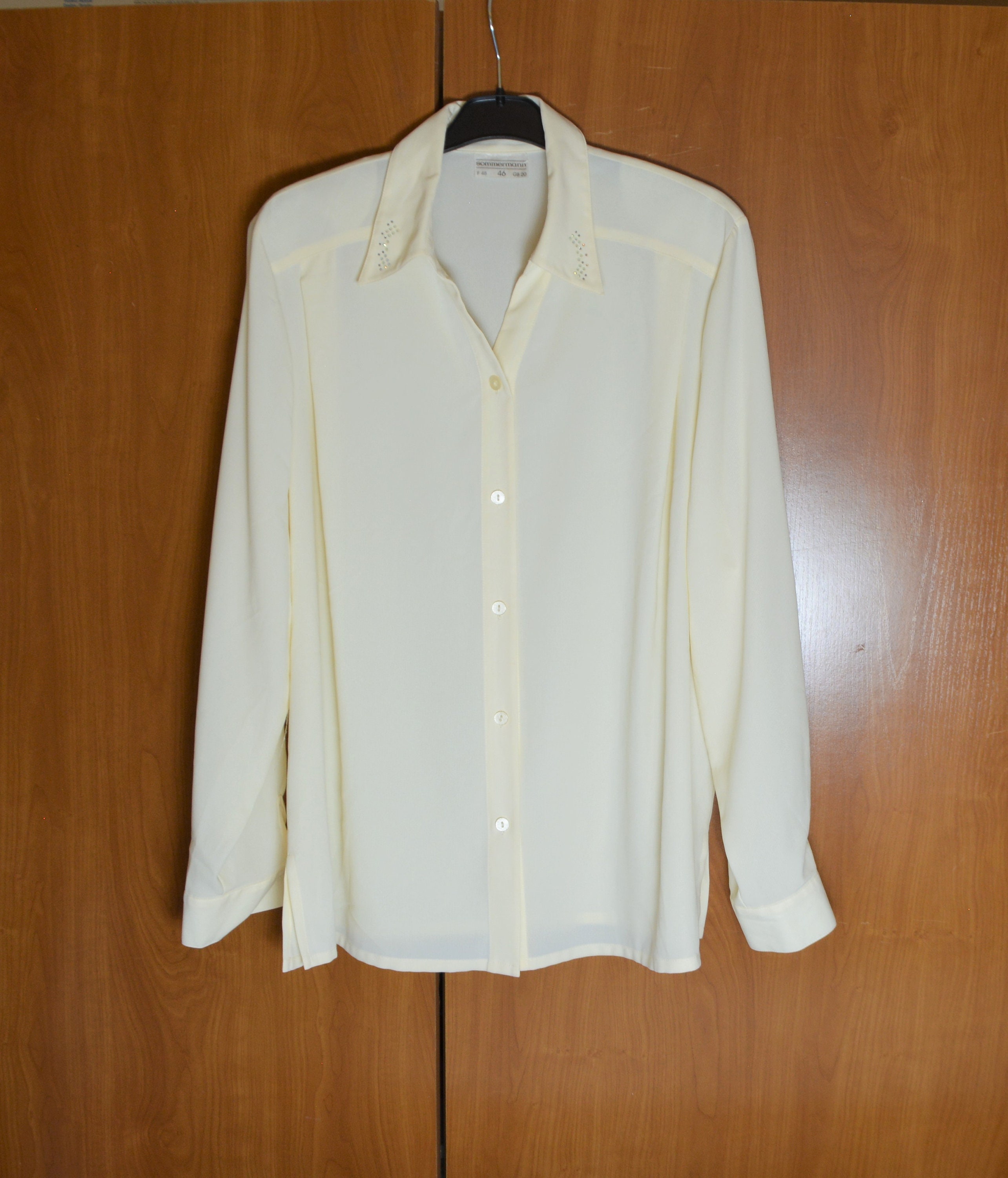 Vintage Women Ecru Shirt Size XL 46 Cream Blouse Rhinestones