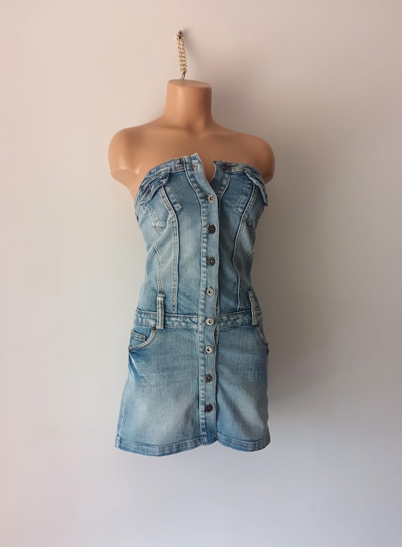princess polly baby blue dress Only Petite strapless corset denim mini dress in dark blue