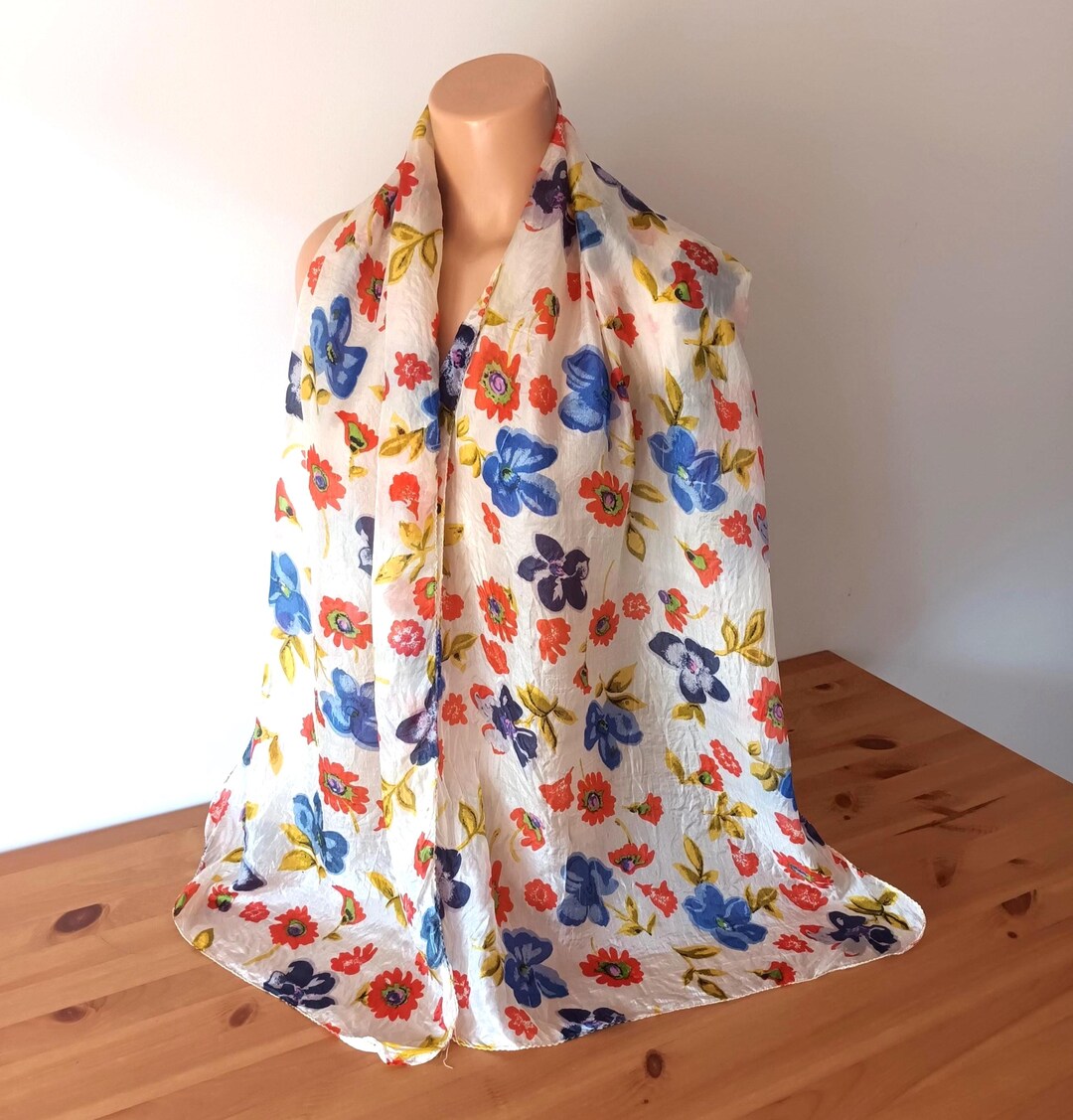 ヴィンテージシルクフローラルスカーフ オレンジブルーフローラル