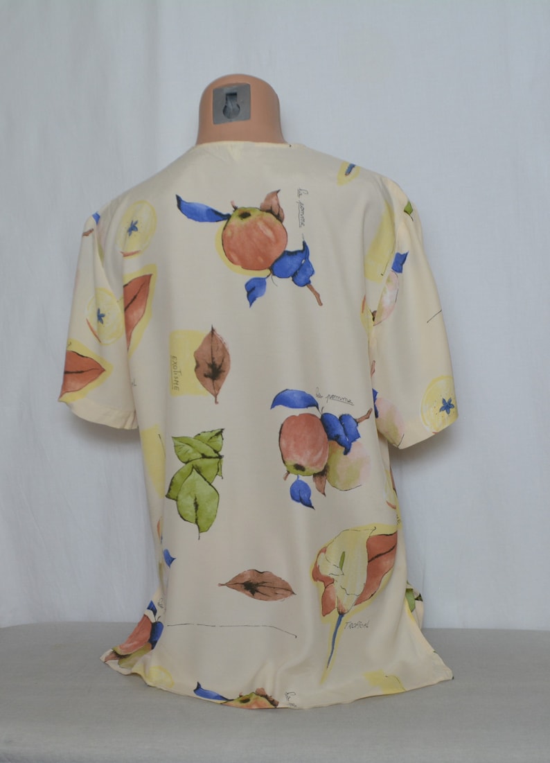 Vintage Women Blouse Shirt Size L Beige Green Blue Plants Leaves Apples Print Short Sleeve Shirt Button Pastel Colors Summer Viscose Top