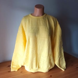 Könnte beinhalten: Ein hellgelber Pullover mit Rundhalsausschnitt und langen Ärmeln. Der Pullover hat ein strukturiertes, quadratisches Muster mit floralen Akzenten. Das Kleidungsstück wird auf einer Schaufensterpuppe präsentiert. Der Pullover ist aus weichem Strickmaterial.