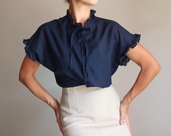 Vintage Womens Dark Blue Ruffled Shirt Size S Ruffle Collar Blouse Solid Navy Blue Shirt Ruffle Short Sleeve Tie Bow Front Buttoned Blouse