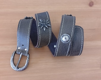 Vintage Women Brown Leather Dirndl Belt Silver Metal Details Edelweiss Flowers Folk Bavarian Belt Silver Buckle Trachten Tyrol Brown Belt