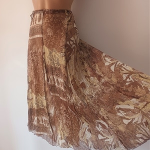 Vintage Brown Silk Midi Skirt Size XL/46 Brown Beige Floral Silk Pressed Skirt  Abstract Print Skirt Lightweight Below the Knee Summer Skirt