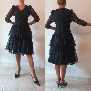 Vintage Women Black Lace Dress Size M/38 Midi Black Lace Dress 3/4 Lace Sleeve Dress Night Out Dress Layers Dress Midi All Lace Dress